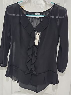 Worthington Black Ruffle Front Semi-Sheer Blouse